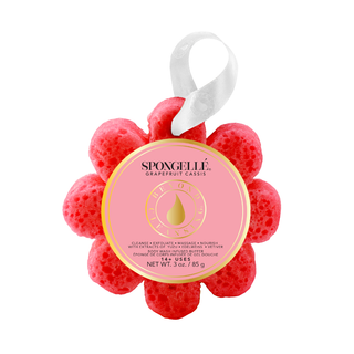 A Spongelli Grapefruit Classique body sponge shaped like a flower, featuring textured red-pink grapefruit sponges around a pink circular center with gold trim and a white hanging ribbon.