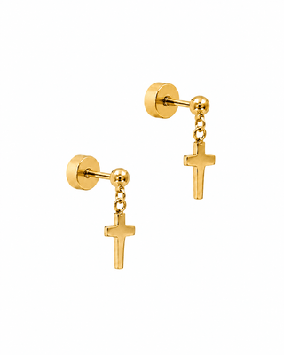 A pair of gold stud earrings with a flat cross dangle, shown on a plain white background.