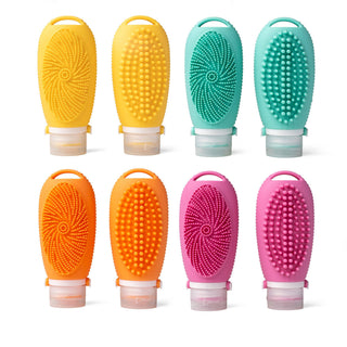 Set of eight silicone scrubbers in yellow, green, orange, and pink on a white background