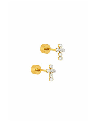 Gold earrings with pearl-like beads on a white background