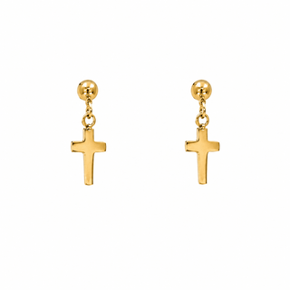 A pair of gold cross dangle earrings with spherical studs, shown on a plain white background.