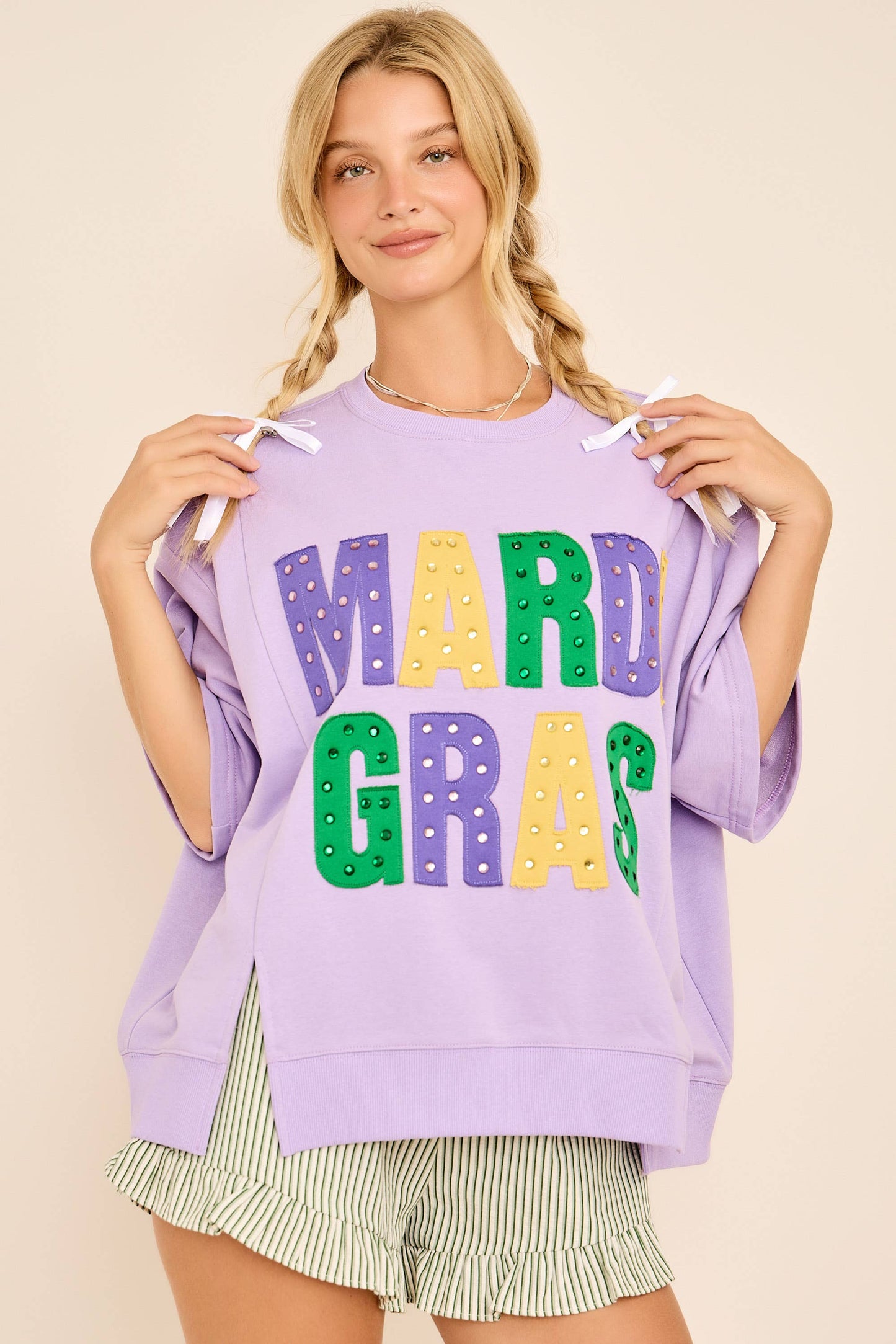 Mardi Gras Oversized Graphic Tee with Stud Details