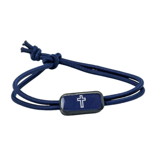 Navy blue bracelet with a cross charm on a white background