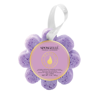 A purple flower-shaped sponge bath bomb ornament with a white hanging ribbon and a circular pink label reading 'SPONGELLE FRENCH LAVENDER'.