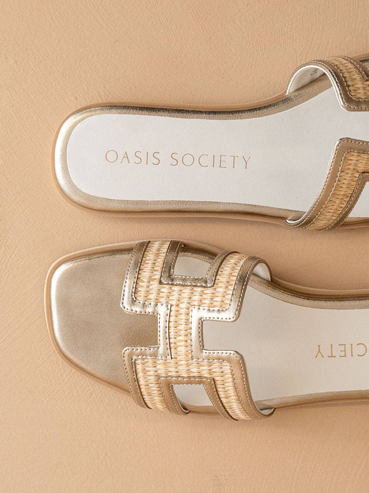 The Ena | Gold H Cutout Raffia Slide
