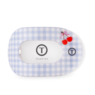 TELETIES Basket of Cherries Large Flat Round Hair Clip with light blue gingham and cherry details