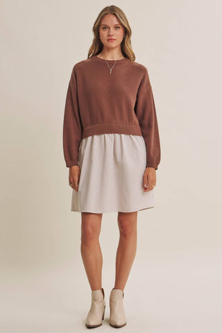 EASY COFFEE DATE BACK RIBBON TWOFER MINI SWEATER DRESS