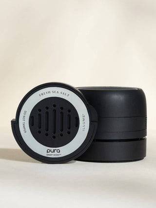Pura smart device with a black and white design on a beige background