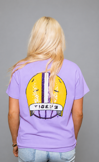 Wholesale | LSU Front & Back Helmet (Licensed) | Women's Sequin Design Tee (Lavender)