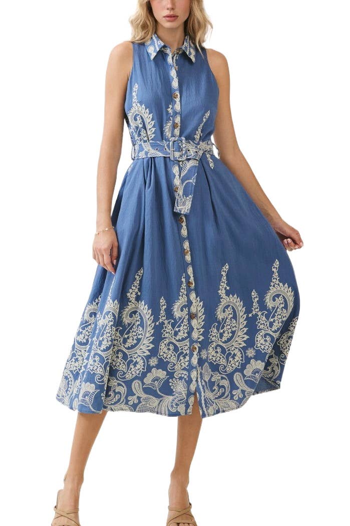 Saylor Paisley Belted Midi Dress