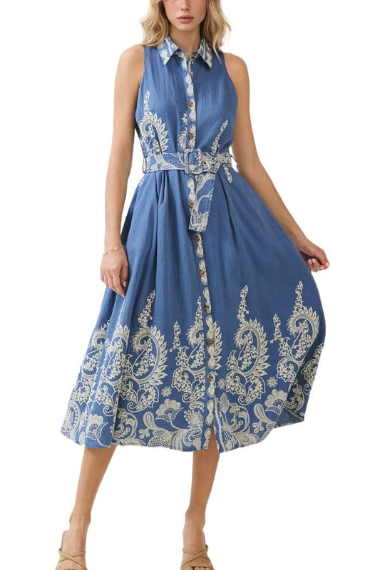 Saylor Paisley Belted Midi Dress