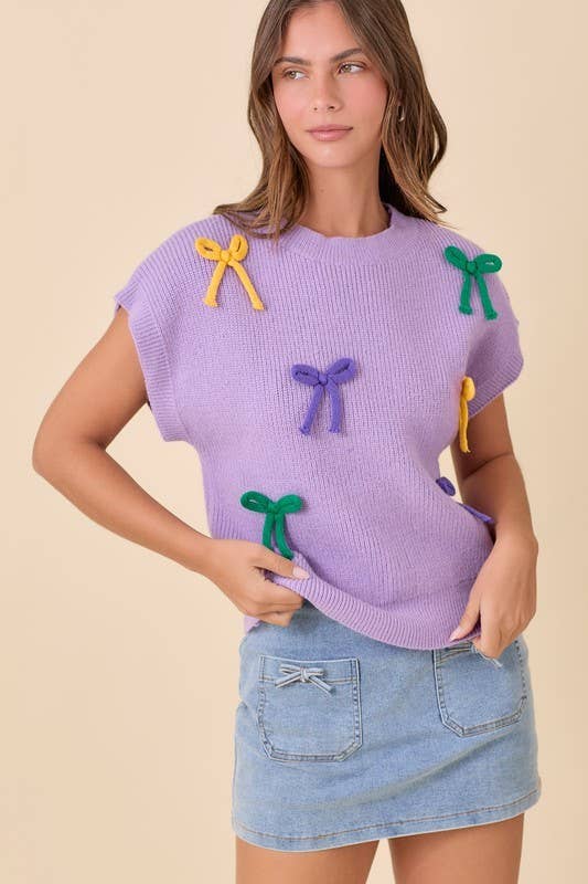 Mardi Gras Ribbon Bow Color Way Knit Top
