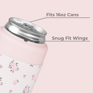 Pink can cooler with floral design and metal top on a light pink background