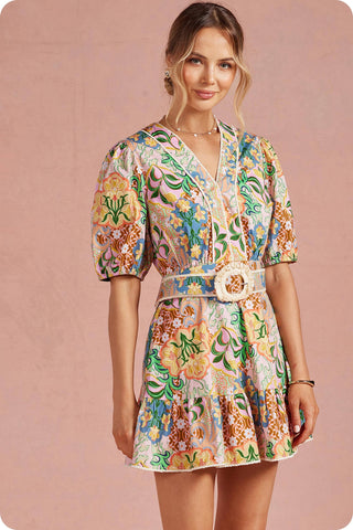 Garden Party Puff Sleeve Belted Cotton Mini Dress