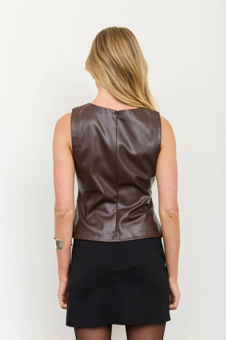 FAUX LEATHER ROUND NECK RUCHED SLEEVELESS TOP
