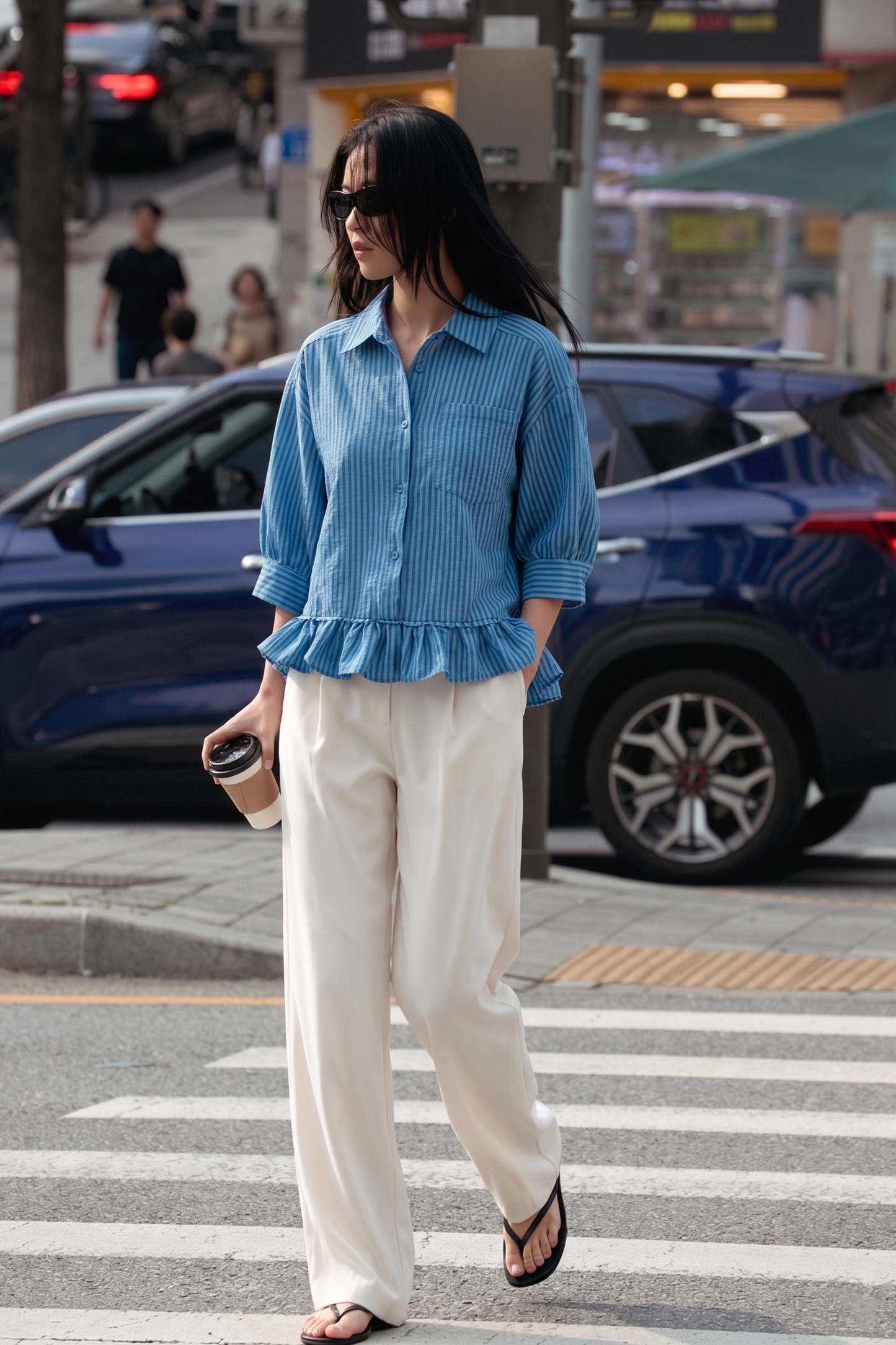Lillian Ruffle Collar Stripe Button Down Shirt