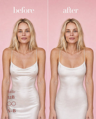 Before and after comparison of a woman wearing a white satin spaghetti-strap dress against a solid pink background, with the words 'before' and 'after' at the top.