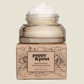 Jar of poppy & pout Island Coconut Exfoliating Lip Scrub on a beige background