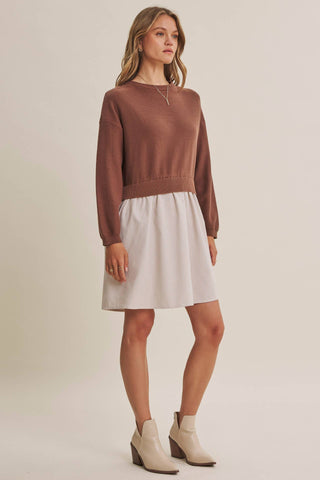 EASY COFFEE DATE BACK RIBBON TWOFER MINI SWEATER DRESS