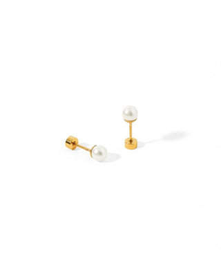 Pair of pearl stud earrings on a white background