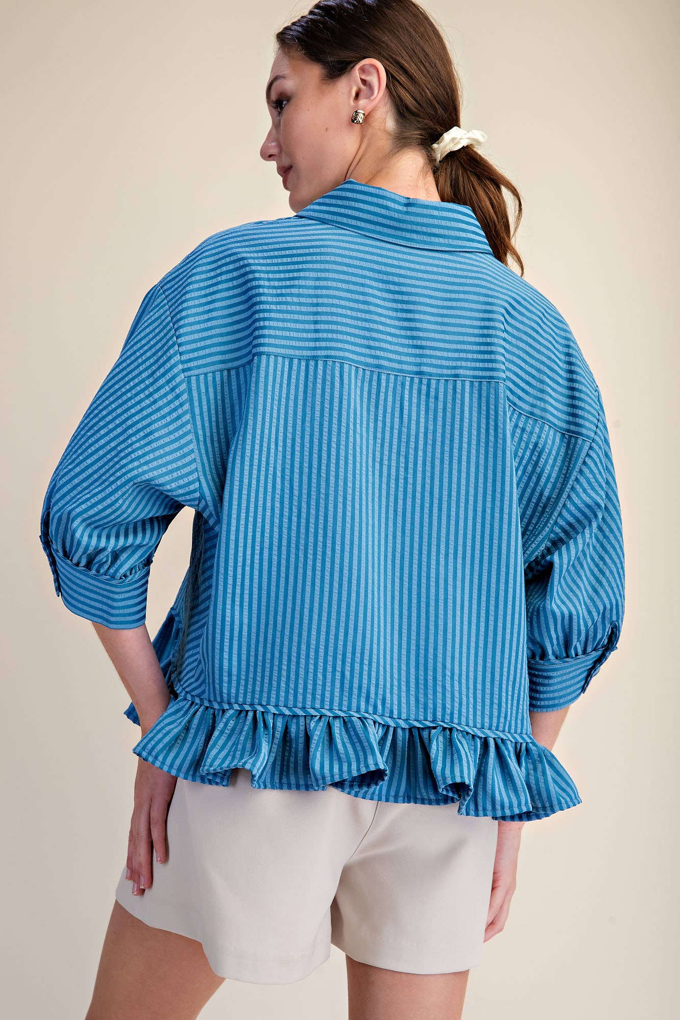 Lillian Ruffle Collar Stripe Button Down Shirt