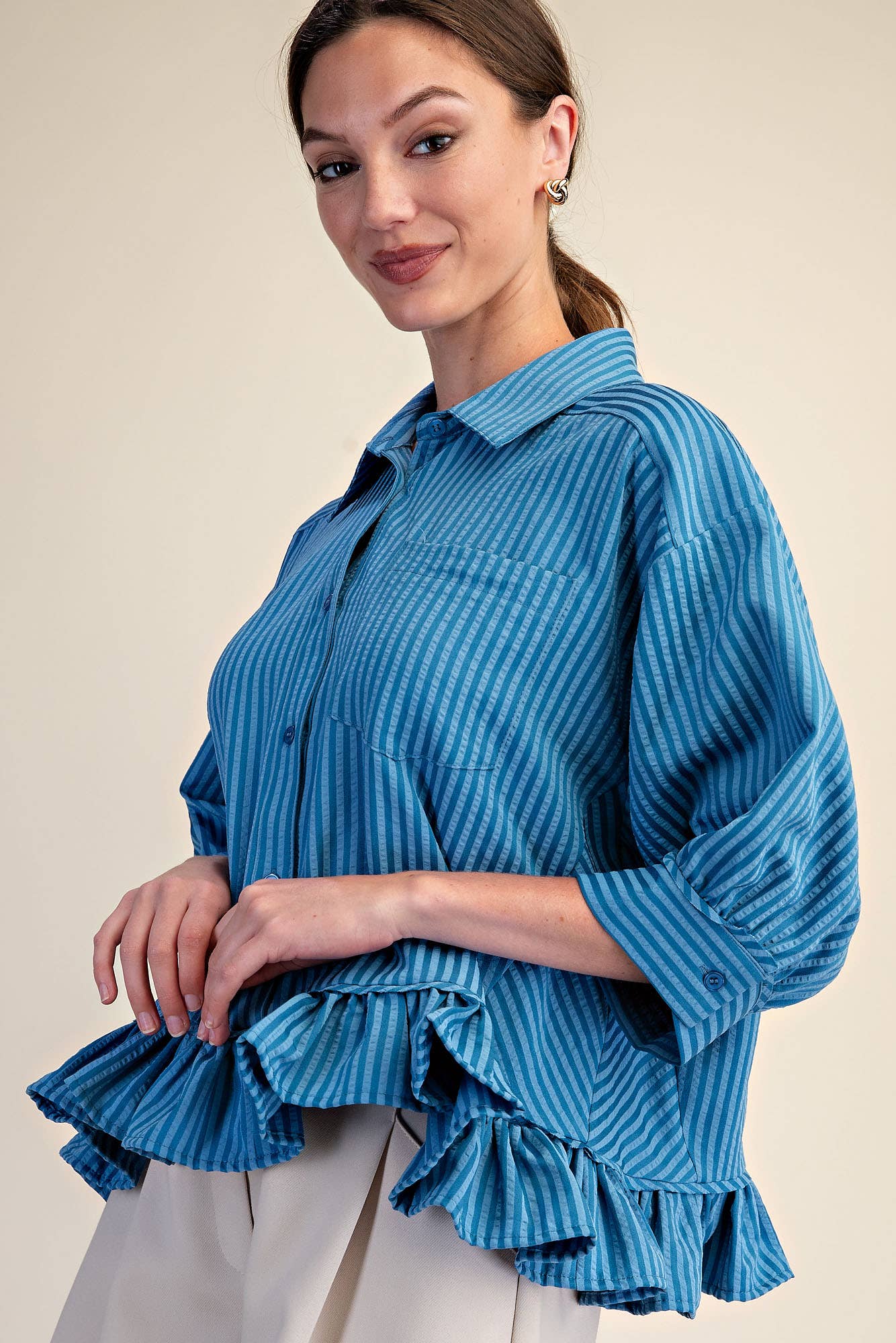 Lillian Ruffle Collar Stripe Button Down Shirt