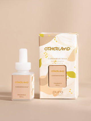 A perfume fragrance refill bottle and its retail box from Otherland, featuring a warm beige and cream color palette with gold lettering and abstract leaf accents, set against a solid beige background.