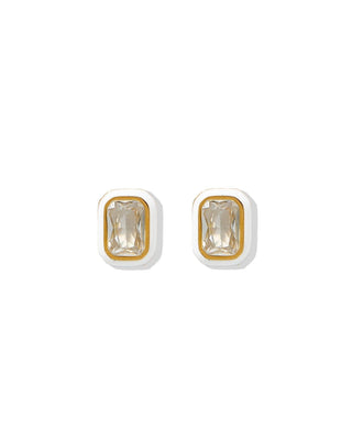 Pair of gold and silver square stud earrings on a white background