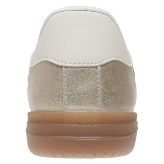 White and beige sneaker with a brown sole on a white background