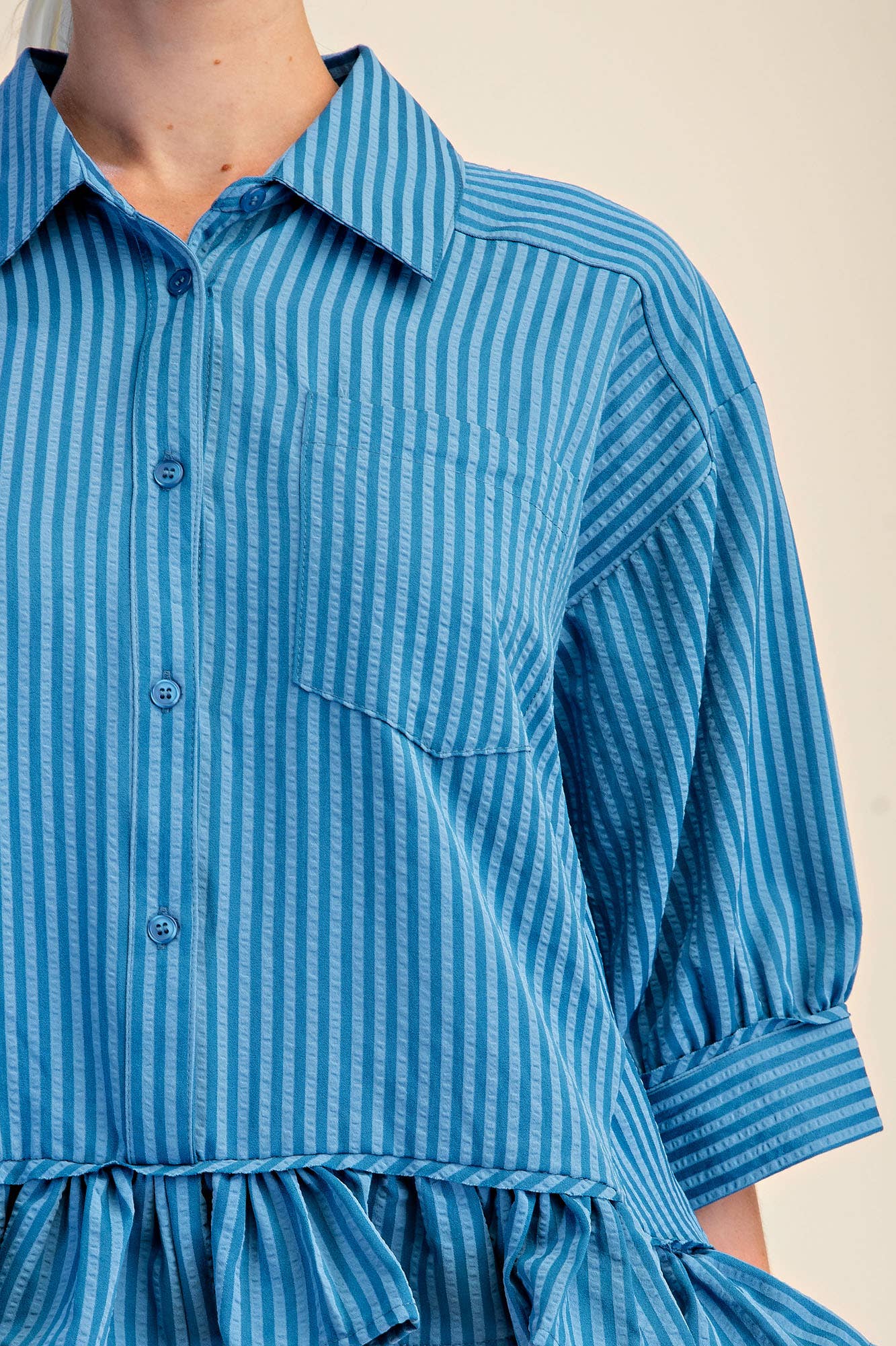 Lillian Ruffle Collar Stripe Button Down Shirt