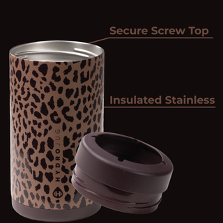Leopard print tumbler with a screw top on a black background