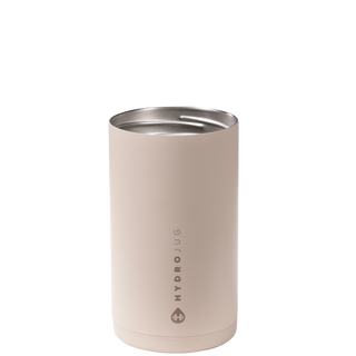 Beige tumbler with silver lid on a white background