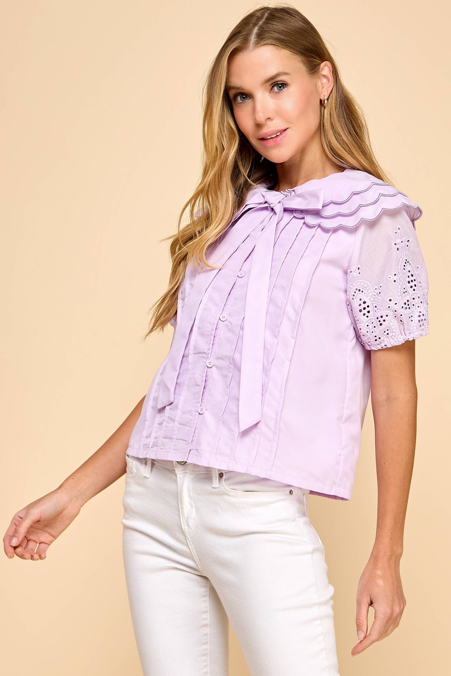 Camille Eyelet Bow Button-Down Top