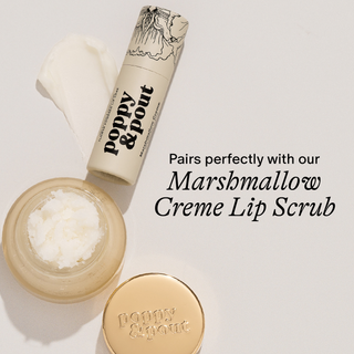 Poppy & Pout lip balm and lip scrub on a light background