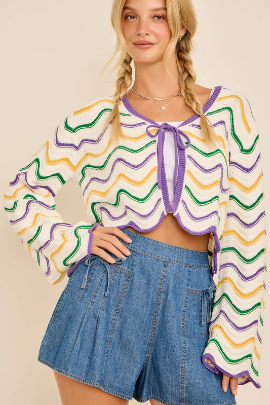 Mardi Gras Wave Stripe Tie Cardigan – Festive Knit
