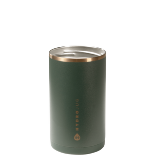 Green tumbler with rose gold rim and 'Hydro Flug' branding on a white background