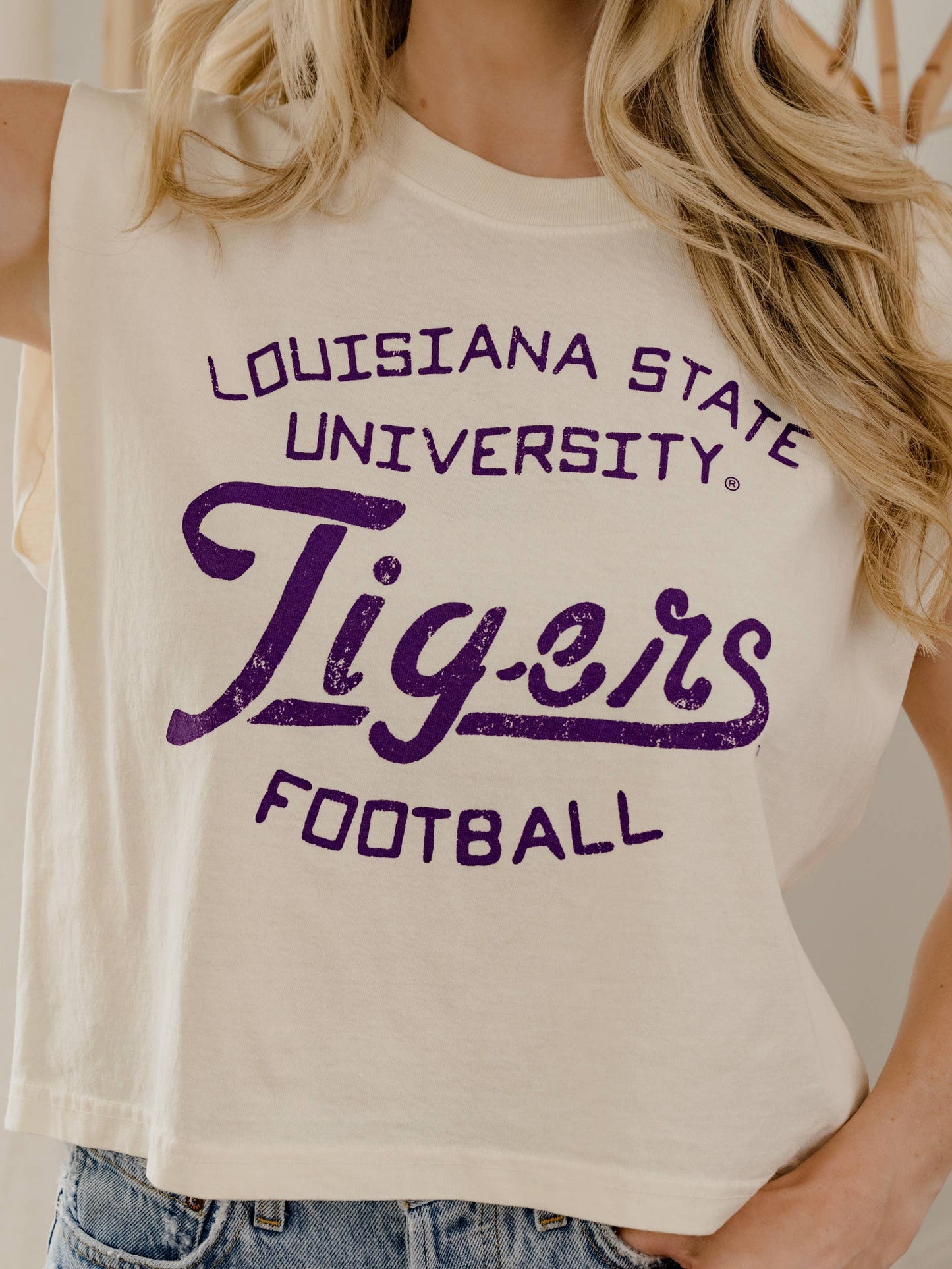 Geaux LSU Tigers Football Stencil Off White Tank