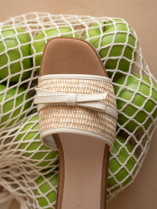 Woven sandal with a bow on a green and white net background