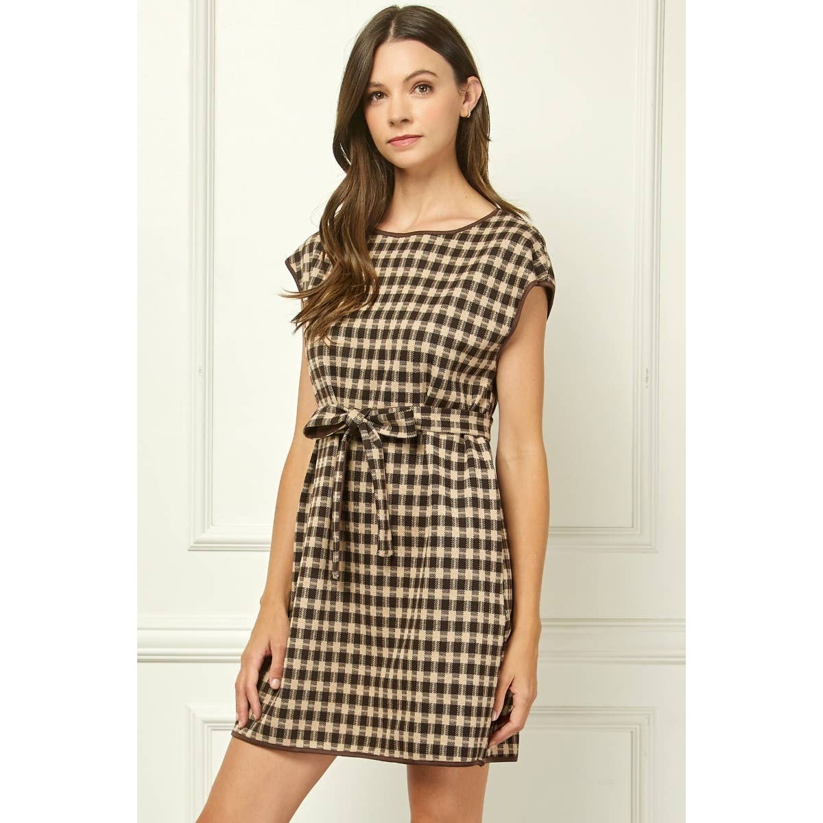 Sutton Checker Knit Belted Mini Dress