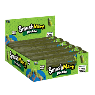 A bulk display box of SmushMart Pickle novelty gummy candies, showing multiple rows of dark green, pickle-shaped gummies inside a bright green retail box with cartoon graphics.