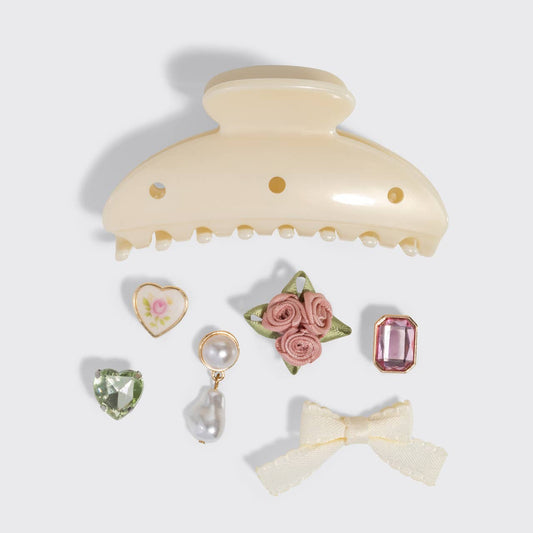 KitschPop™️Curved Claw Clip 7pc Set Vintage- Pearlized Cream