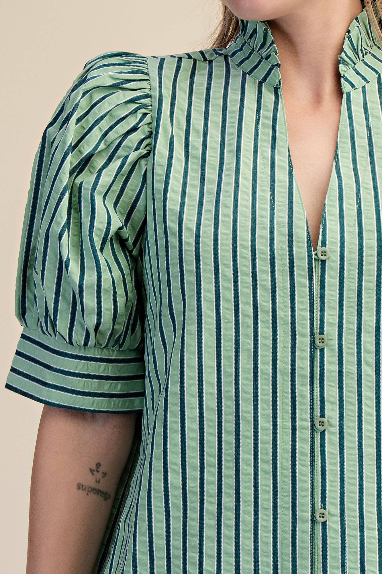 Ruffle V-neck Puff Sleeve Button Down Shirt