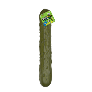 Green pickle-shaped toy with a label on a white background