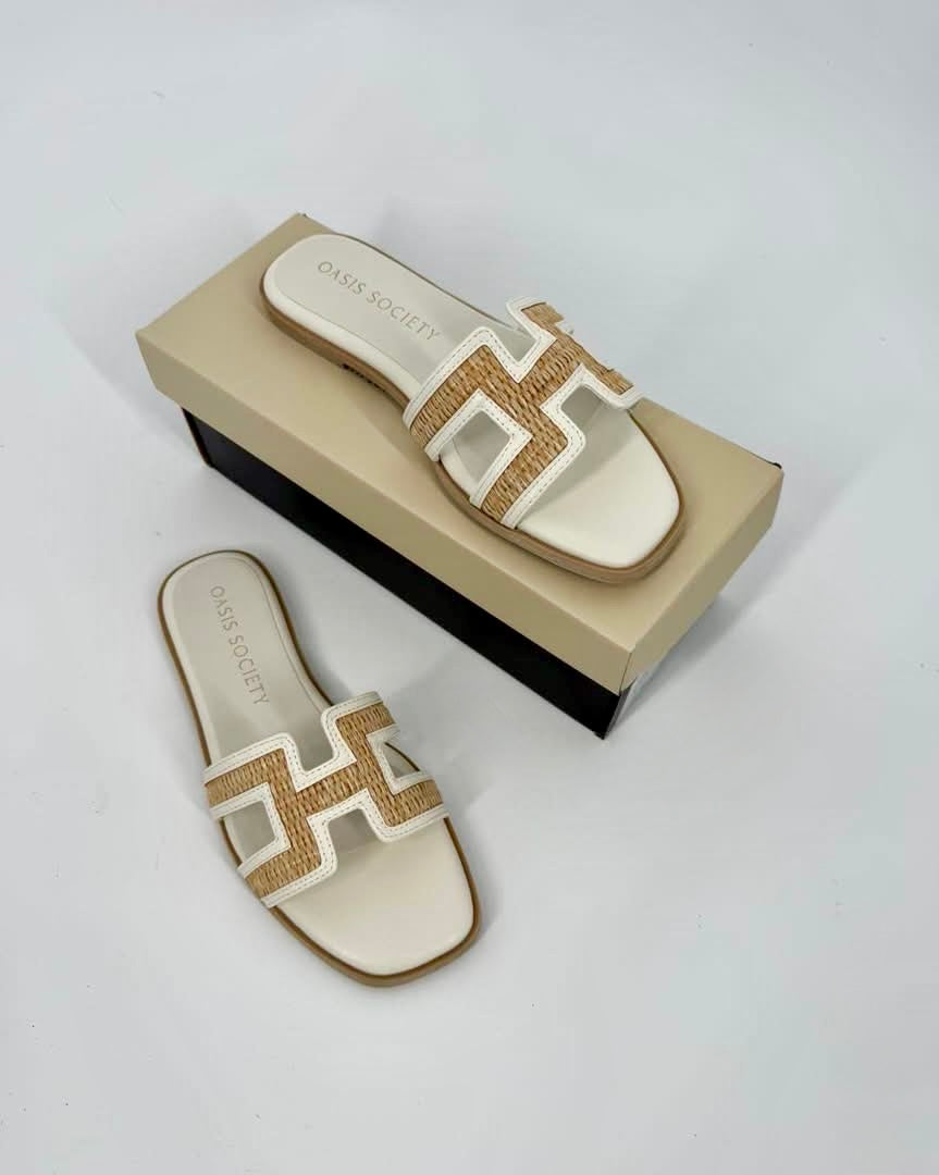 The Ena | White H Cutout Raffia Slide
