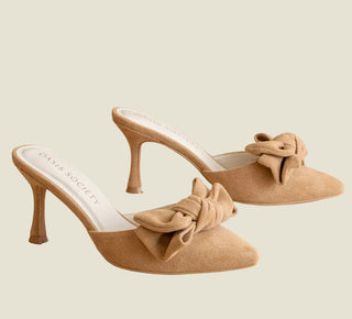 The Luxe Bow Mule – tan suede pointed-toe mule heels with large fabric bows