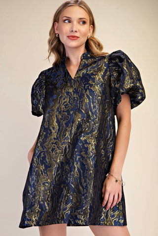 Genevieve Metallic Jacquard Statement Sleeve Mini Dress