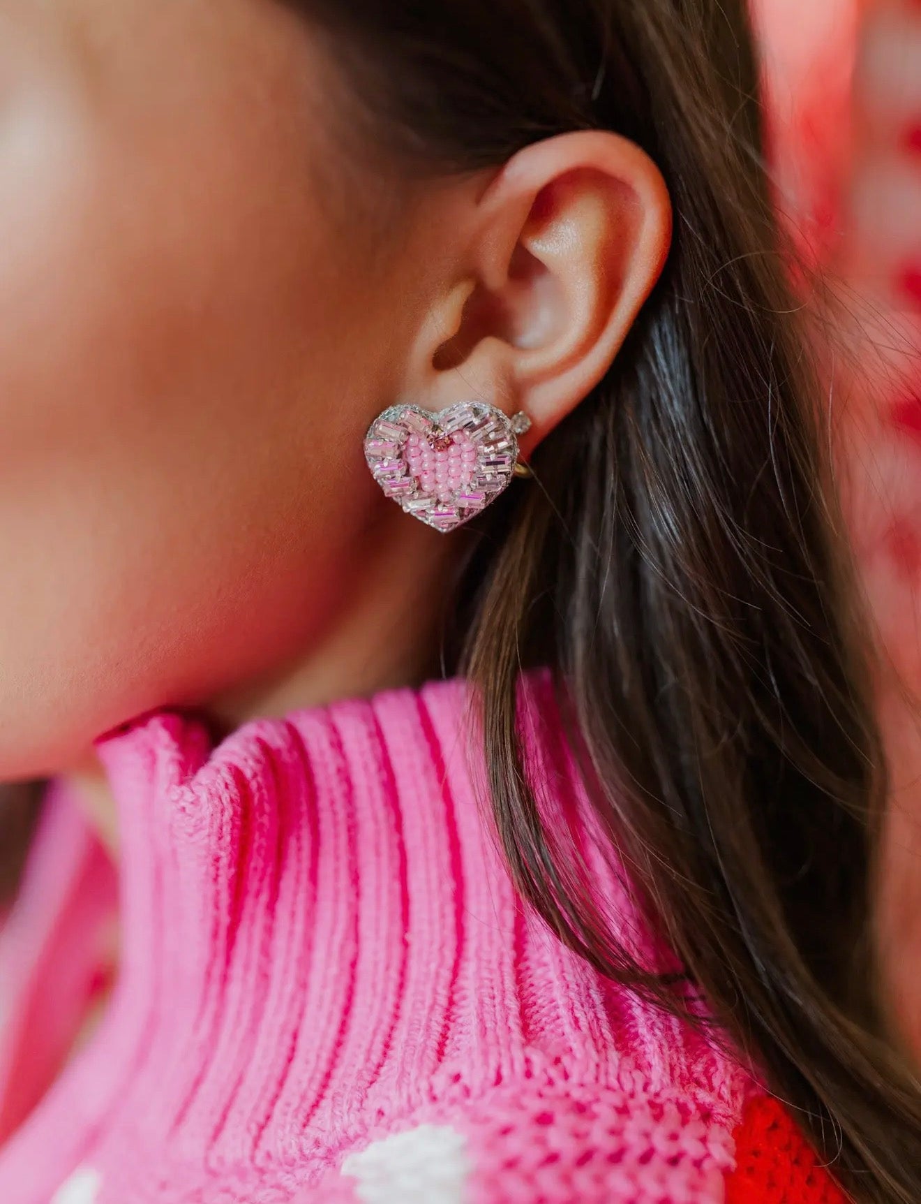 Beaded Heart Stud- Pink