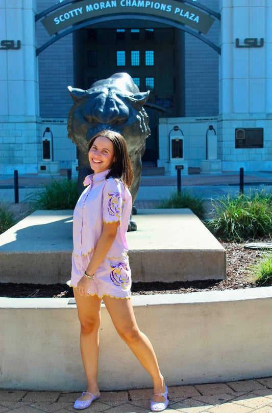 Purple Reign – Women's Purple & Gold Embroidered Gameday Short Set