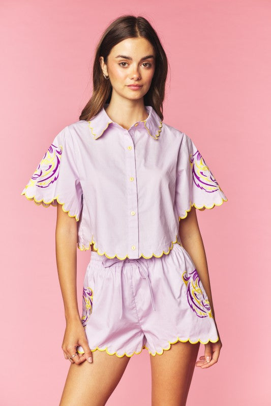 Purple Reign – Women's Purple & Gold Embroidered Gameday Short Set