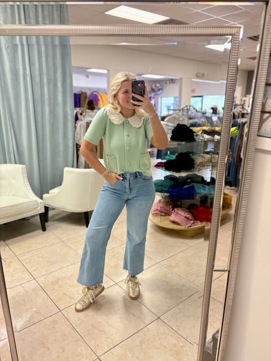 Mint Lace Collar Cardigan Top